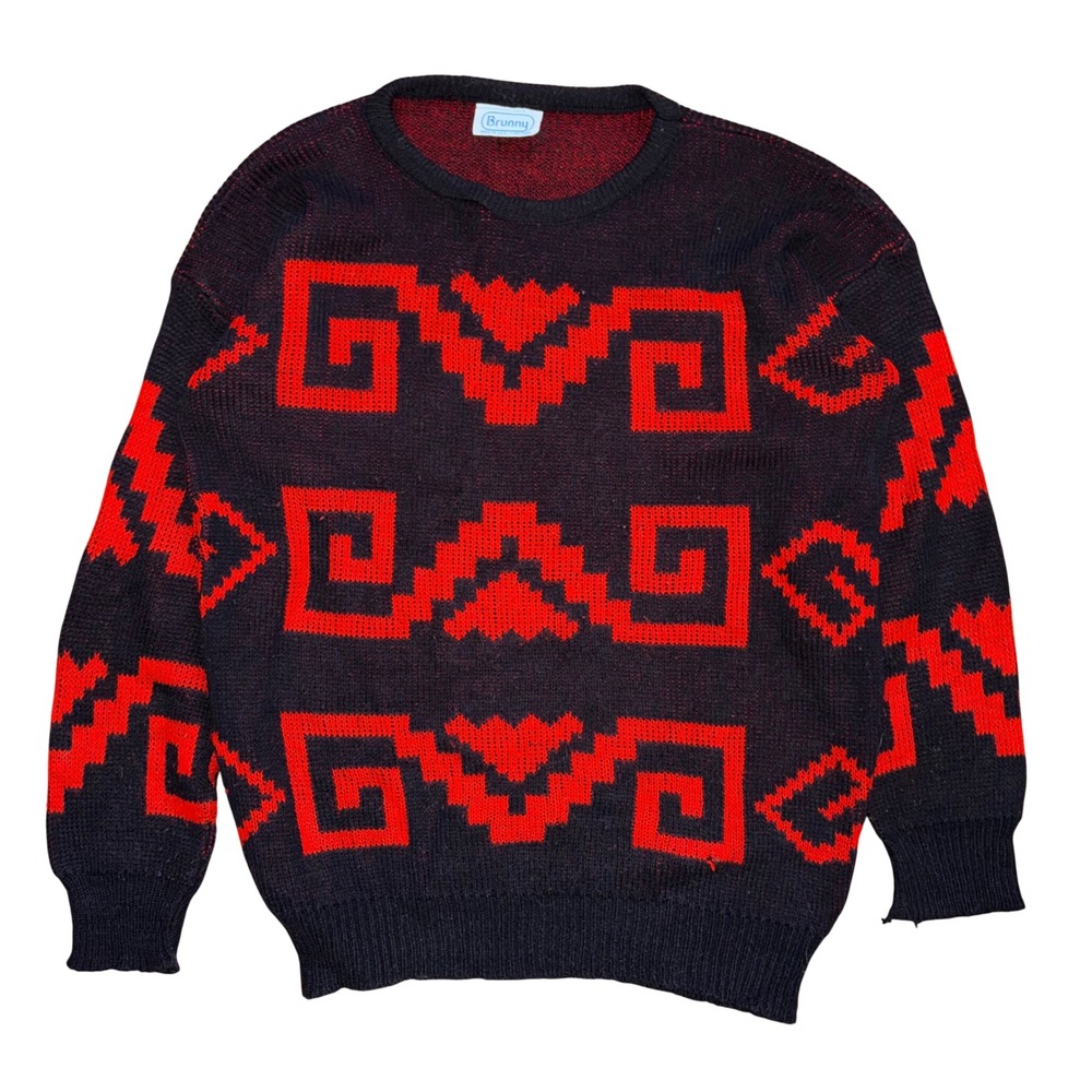 Vintage Brunny Mens Geometric Greek Key Heart Knit Sweater Black Red Made in USA